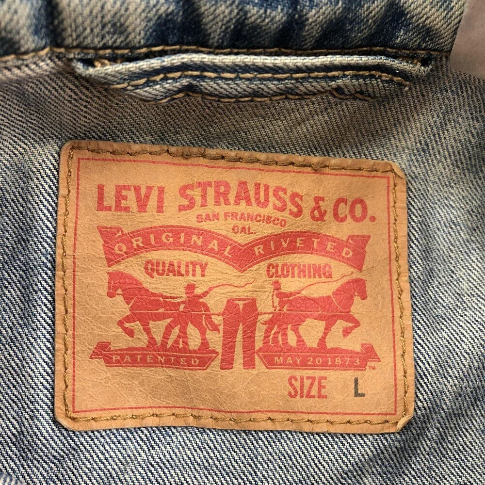 Levi's Jacket Mens Large Blue Denim Bomber Button Ripped Distressed Western